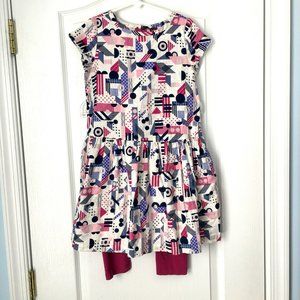 🫖👗 Tea Collection 7 Dress & Capri Leggings Geometric Shapes Burgundy Pink Blue